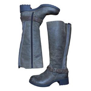 EARTH Bigsky Tall Leather Buckle Boots Charcoal Brown Chunky Heel Size 7B